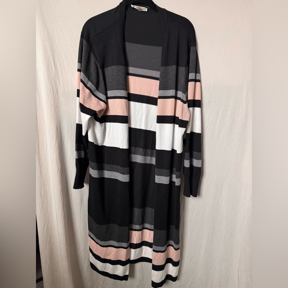 Chic Striped Cardigan in Black, Pink, and Gray